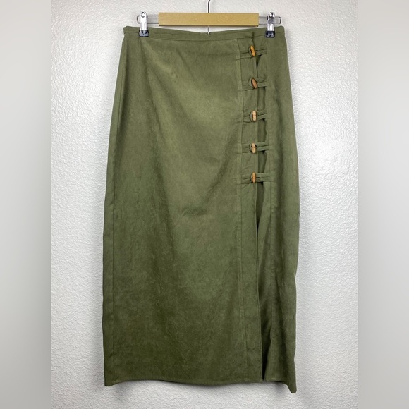 Vintage High Waisted Olive Green Toggle Button Midi Skirt Large - Picture 3 of 8